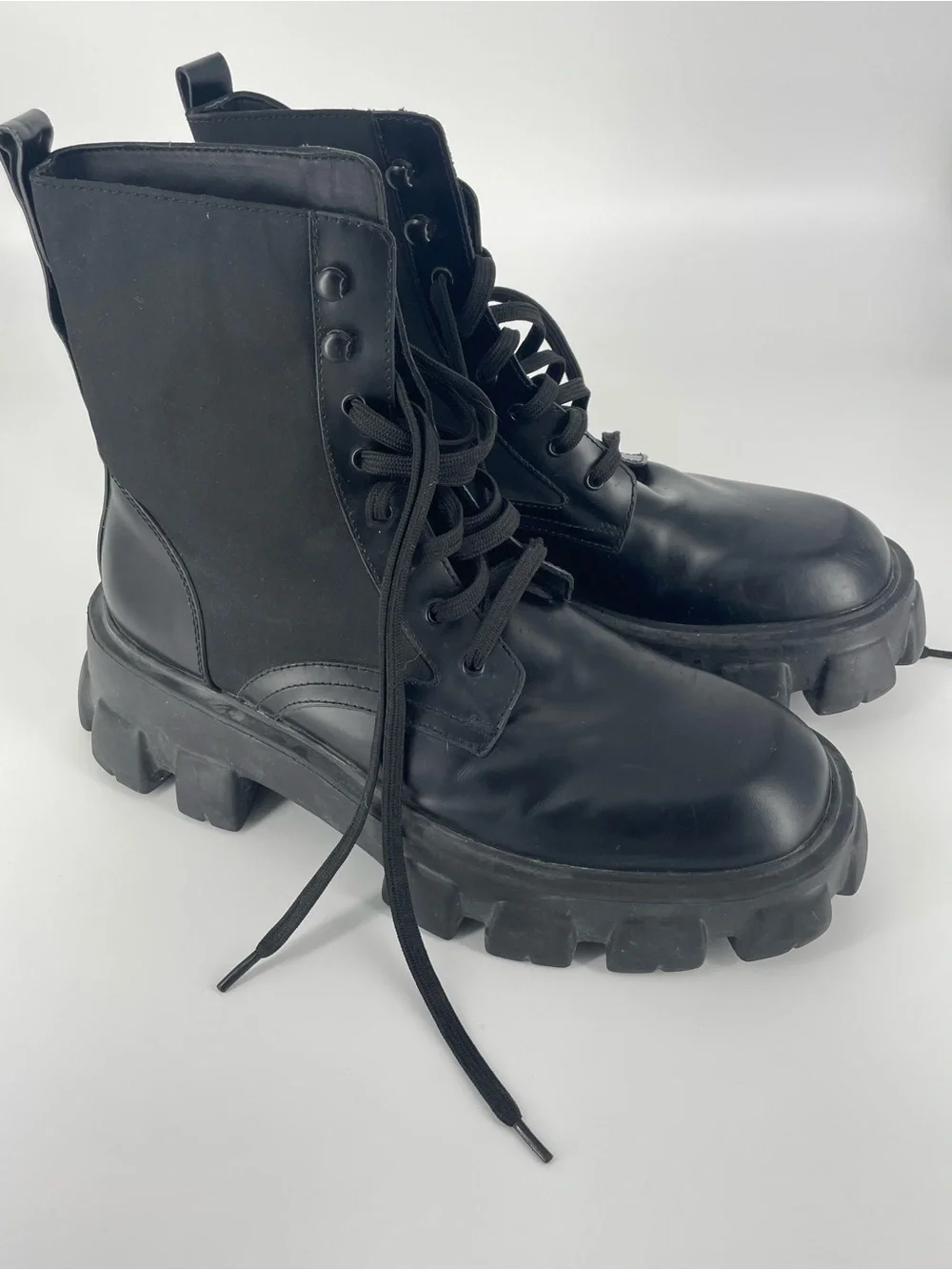 Prada Monolith Leather & Re-Nylon Combat Boots — Size 10.5